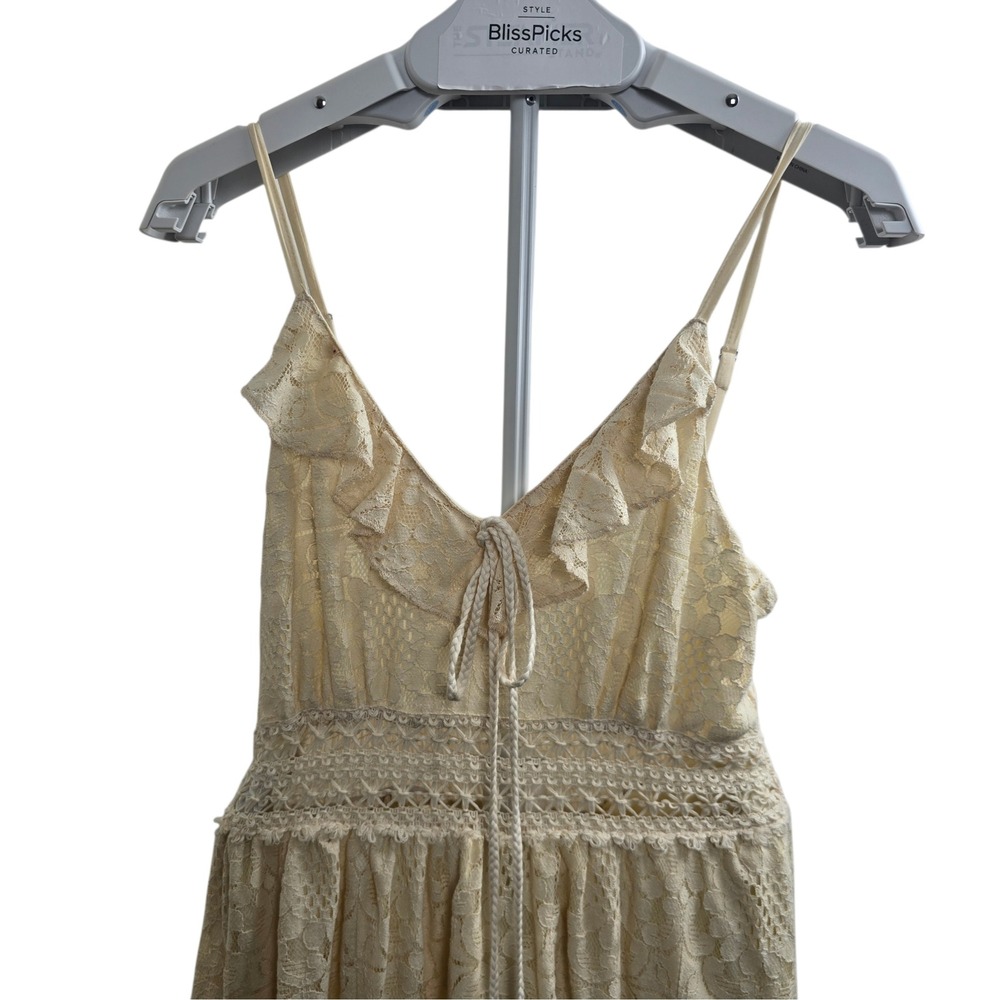 Vince Otto Ivory Lace Crochet Maxi Dress Smocked Back Tassel Tie Hi Low L/XL - Picture 2 of 13